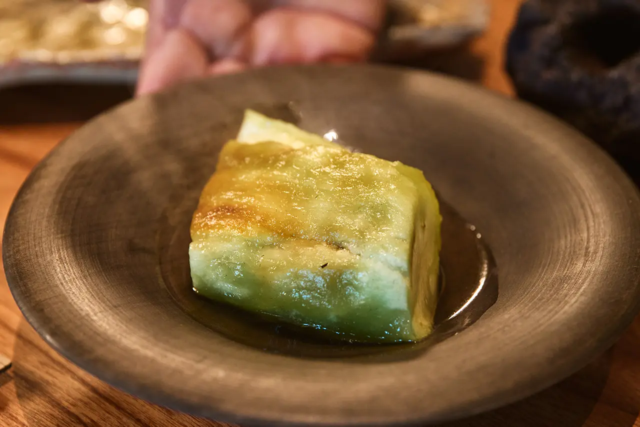 Charcoal-grilled Eggplant, Shiso, and White Miso sauce