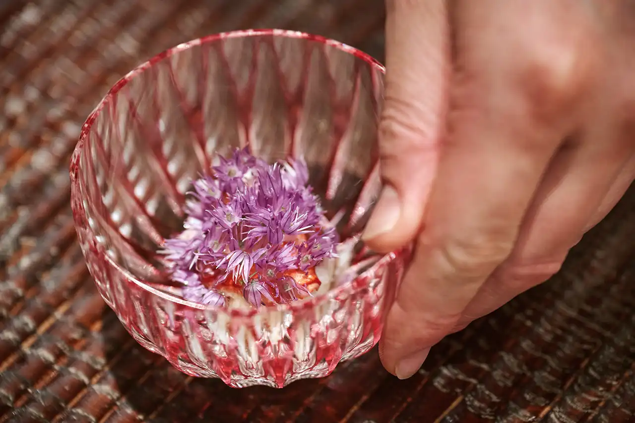 Horsehair Crab with Chive Blossoms